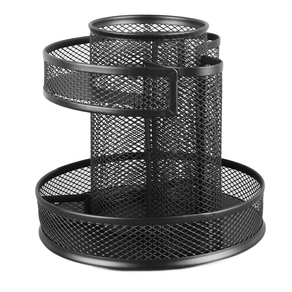 【03】Rotating Pen Holder Black Mesh 7 Compartments Strong Metal Rotating Desk Organizer for Home Office Dorm