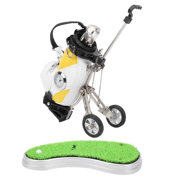 Mini Skrivbords Golfbag Pennställ i Zinklegering med Gräsmatta Bas Klocka Golfpennor Souvenirgåva