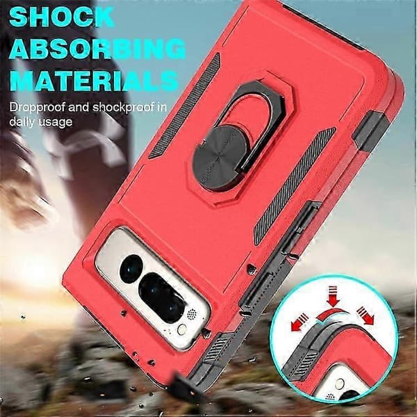 Google Pixel Fold stødsikkert cover med ringstativ - PC+TPU hybrid beskyttelsescover Red