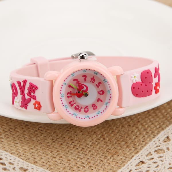 Barn Tecknad Armbandsur PVC Rem Vattentät Quartz Klocka för Pojkar Flickor Rosa