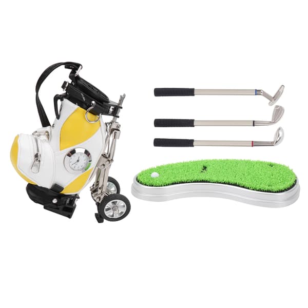 Mini Skrivbords Golfbag Pennställ i Zinklegering med Gräsmatta Bas Klocka Golfpennor Souvenirgåva