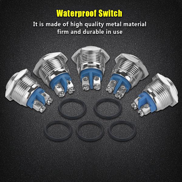 Vattentätt 2-Pin Mini Knapp Switch Set - 5st, 16mm, 250V, Silver