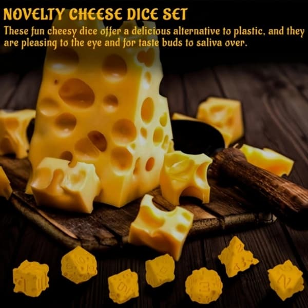 【03】【14 år】DND Ost Terningesæt med 7, med et alsidigt madtema, perfekt til Dungeons & Dragons, Pathfinder, bordrollespil og MTG. Cheese Dice