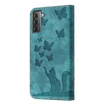 【03】Compatible with Samsung Galaxy S21 FE 5G Embossed Butterfly Cat Wallet Case with Card Slots Stand Cover Light blue