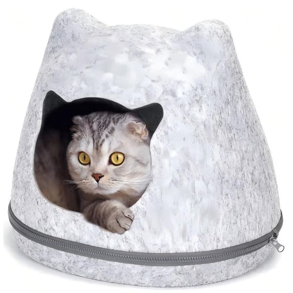 Kattbädd med öron, slutet och tvättbart hus för vintern.