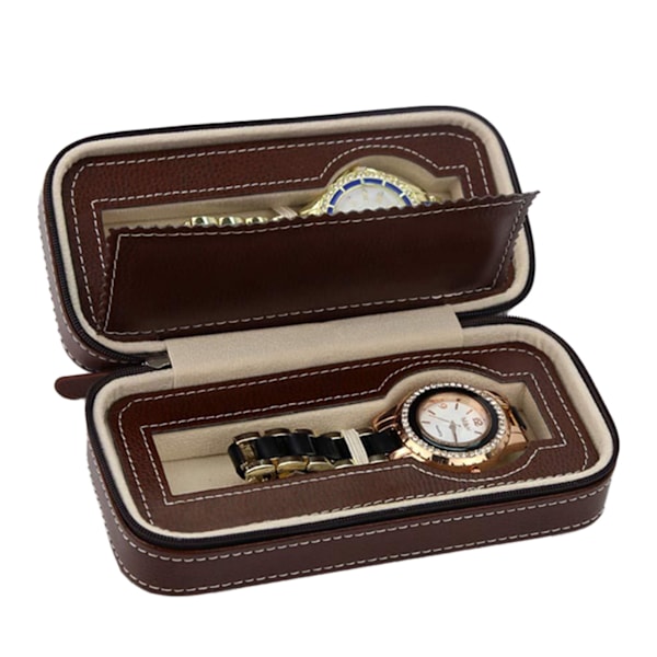 Klockbox Portabel Dragkedja Design Enkel Trendig Klockförvaring Organiserare Klockfodral Brun 2 Fack