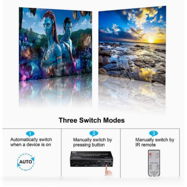 HDMI-switch 2 til 1 med Audio Extractor og ARC 4K 60hz SPDIF Coaxial RCA L/R og stereo