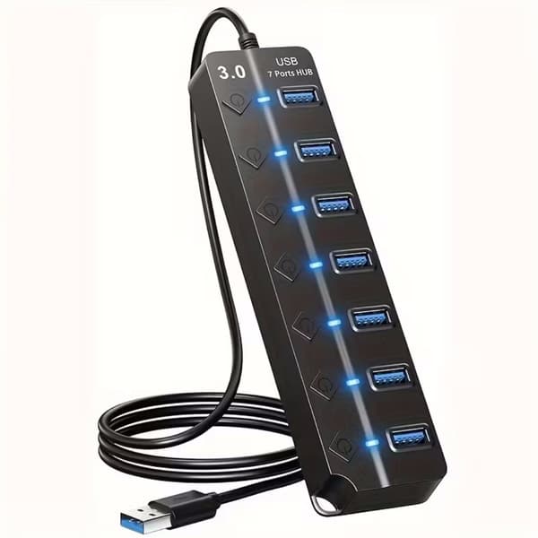 USB Hub 3.0 med 7 porte og LED tænd/sluk-knap og forlængerkabel til MacBook, Mac Pro, Mac Mini, iMac, Surface Pro, XPS, PC