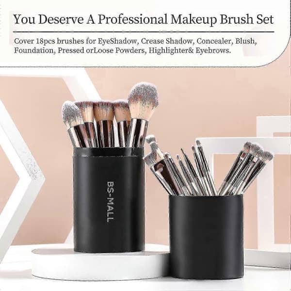 18-delt syntetisk makeupbørstesæt med etui til foundation, pudder, concealer, øjenskygge og blush (sort og champagneguld)
