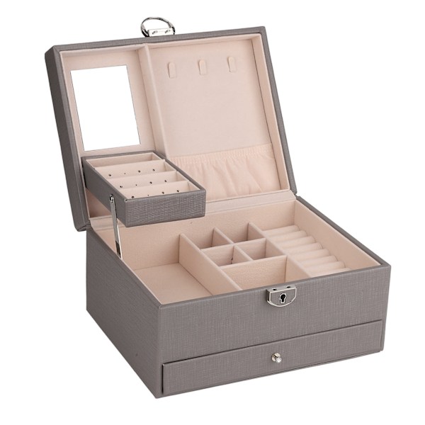 Vandtæt smykkeopbevaringsboks til husholdningen PU læder smykkeskrin Dobbeltlags partition Stor kapacitet Ornament Organizer grå