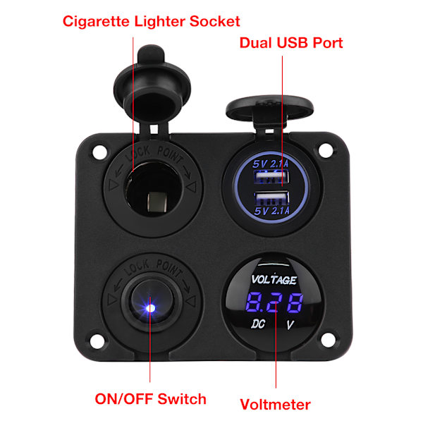 4-Gangs ON/OFF Vippekontaktpanel Dobbelt USB-oplader Cigarettænderstik Voltmeter Blå LED