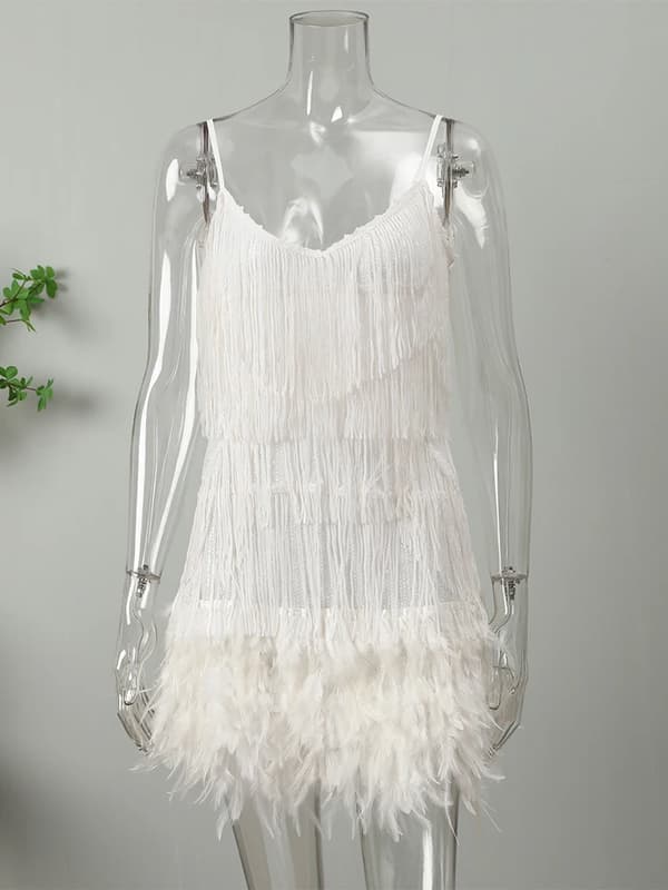 【03】Sequin Fringe Feather Dress with Spaghetti Straps white white XL
