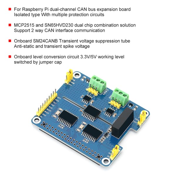 CAN-moduuli, väylälinja, kaksikanavainen, eristetty, sisäänrakennettu suojapiiri Raspberry Pi:lle