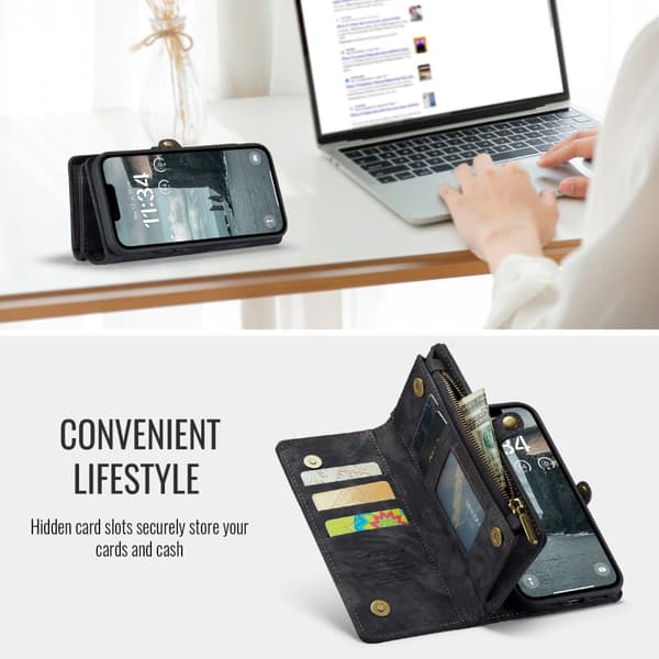 【03】CaseMe 008 BIg Wallet 2i1 Magnet Pung Etui til iPhone 17e - Sort Mørkebrun Dark brown iPhone16Pro