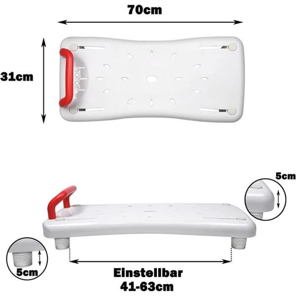 UISEBRT 70 x 31 x 5 cm badkarssits med rött handtag och justerbart avstånd.