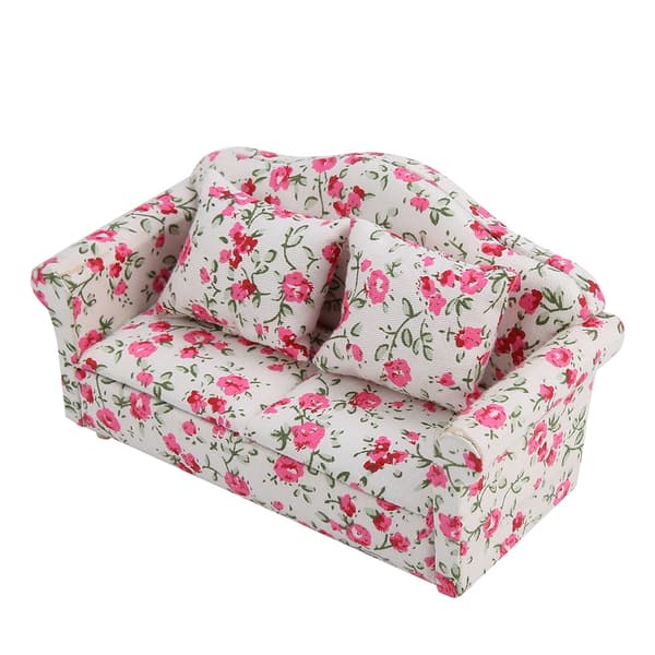 Dockhusaccessoarer i skala 1/12, blommönstrad mini-möbelsoffa med ryggkuddar (#2)