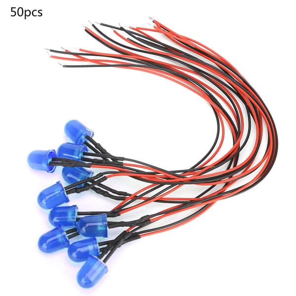 Blå 10mm LED Lamp Beads - 50st, 12V, 0.06W, med 20CM 26AWG Ledningar