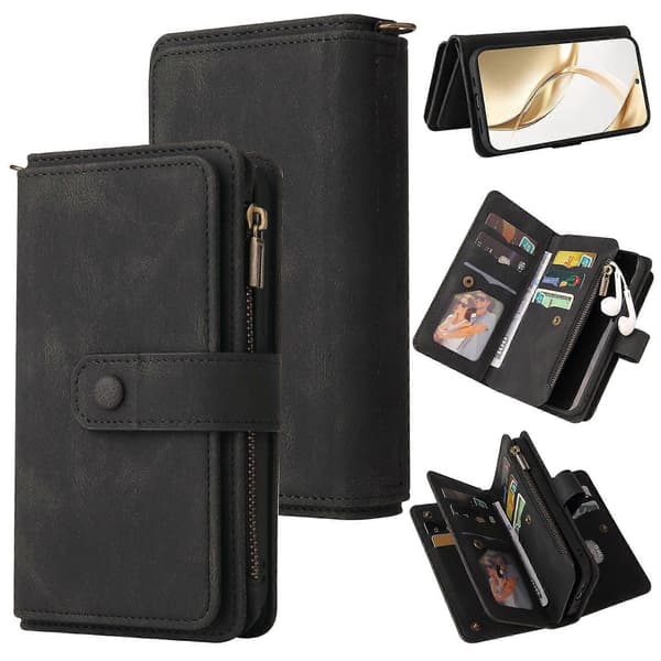 【03】Hudkänsla Multi Kortplatser Dragkedja Plånbok Läder Telefonfodral Black Black For Honor 200
