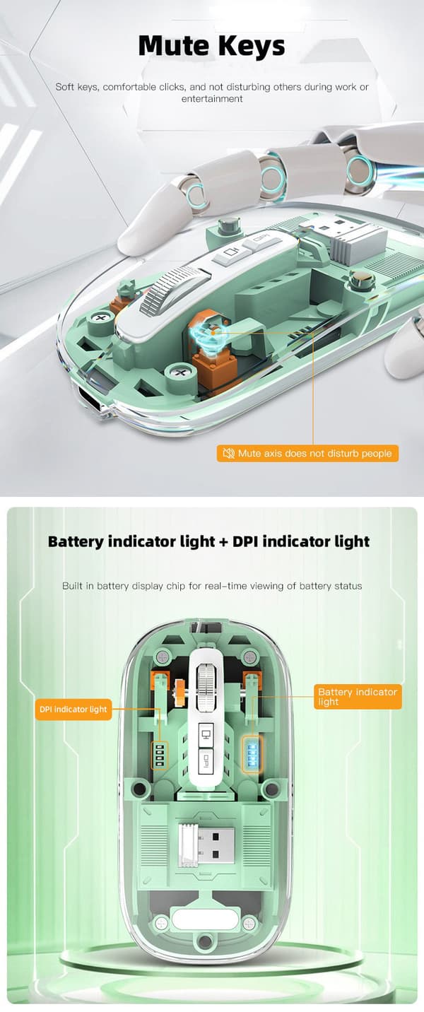 【03】2.4G Transparent Bluetooth Gamingmus, Tre Tilslutningstilstande, Justerbar Dpi (Hvid)