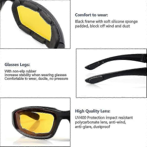 3-pack motorcykelglasögon, UV-skydd dammtäta vindtäta (grå/vit/gul) grey