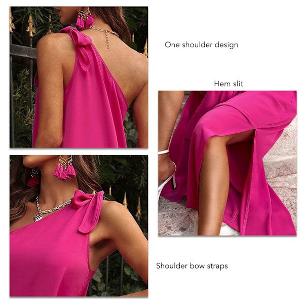 Dame Bow Tie One Shoulder Kjole Elegant Moderigtig Løs Afslappet Ærmeløs Slids Hem Kjole til Fest Rose Rød S