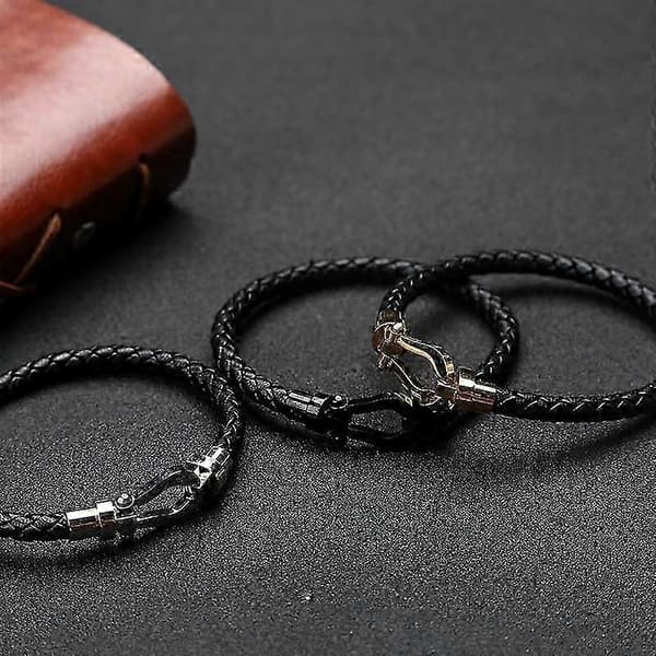 Flettet læderarmbånd til mænd, U-formet armbånd med spænde i rustfrit stål black 18cm
