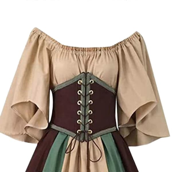 Medeltida kläder Damklänningar med kort ärm Gotiska klänningar Retro festklänningar Balklänning Brown S