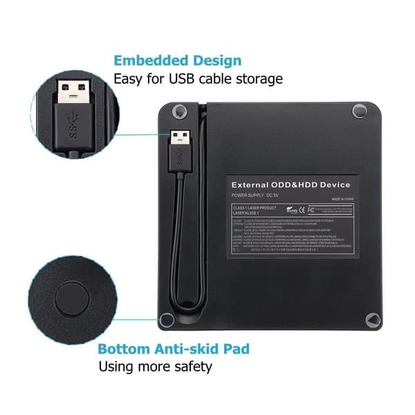 Extern USB-optisk enhet, bärbar DVD/CD/VCD-brännare för bärbara datorer, stationära datorer, allt-i-ett-datorer och skivenheter.