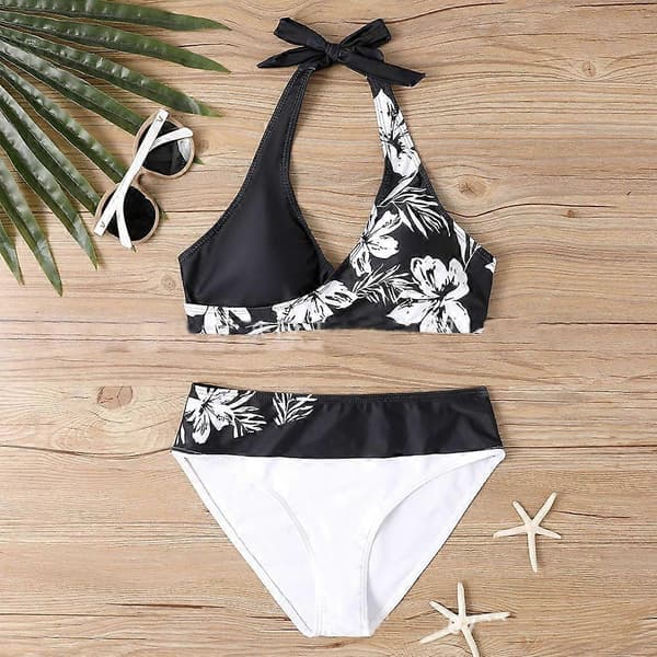 Dame sexet høj bryst kontrast gradient split bikini sæt et stykke badedragt Black S