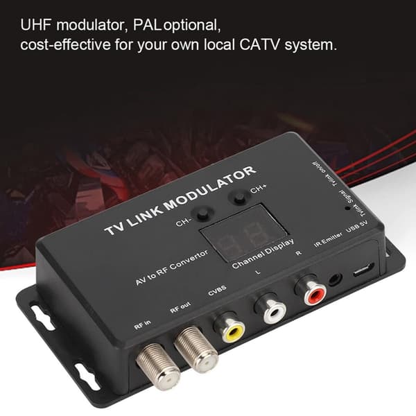 TV Link Modulator, AV til RF-konverter og IR-forlænger med kanaldisplay og USB 5V-interface, infrarød forlænger