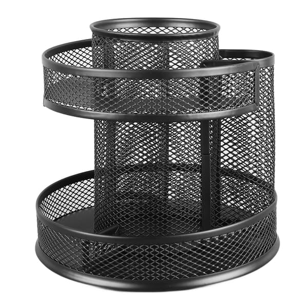 【03】Rotating Pen Holder Black Mesh 7 Compartments Strong Metal Rotating Desk Organizer for Home Office Dorm