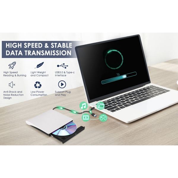 USB 3.0 eksternt DVD-drev til tilslutning til en computer/bærbar/CD-brænder/eksternt Type-C bærbart optisk drev.