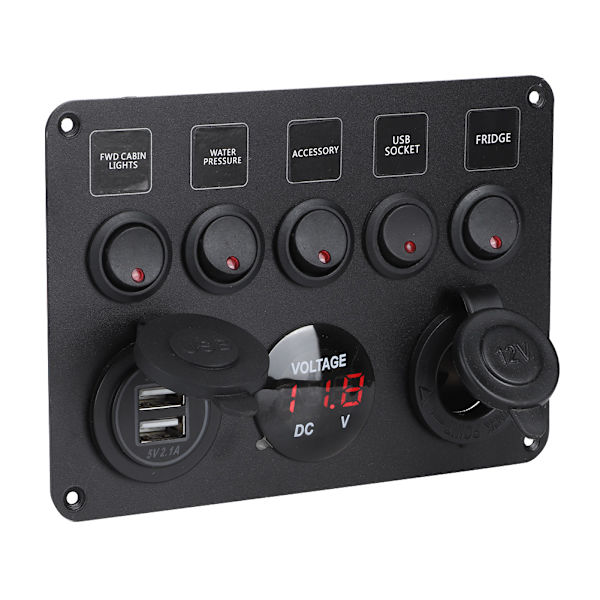 5-vejs LED vippekontaktpanel med digital voltmeter, universal til autocamper, bil, motorbåd, rød