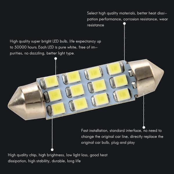 42mm 12 SMD 3528 LED vit bilkupollampa, kompatibel med C5W, DC 12V