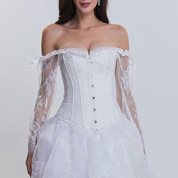 Långärmad spetsmidjebandage för formell klänning viktoriansk korsett toppar franska stilar överbyst bustier för temaevenemang vit S White S