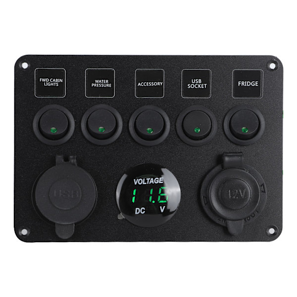 5-vejs LED vippekontaktpanel med digital voltmeter, universal til autocamper, bil, motorbåd, grøn