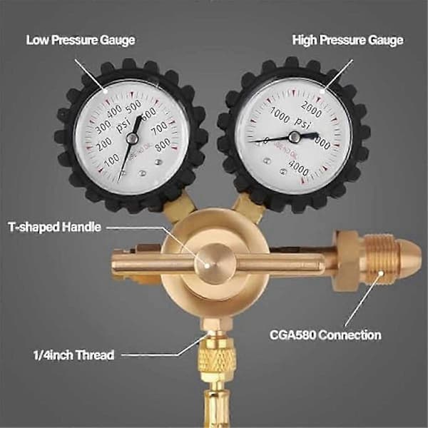 0-800 PSI typpisäätölaite, CGA580 urosliitin, 1/4 tuuman ulostulo