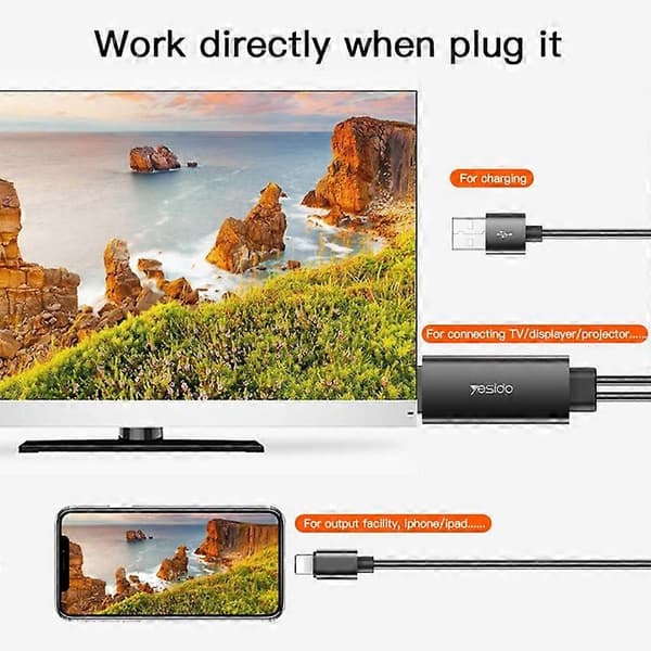 Type A YESIDO HM04 1.8m Lightning til HDMI 1080P HD Video Adapterkabel med USB-strømkabel