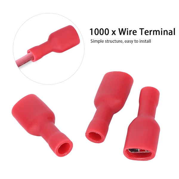 1000 stk. FDFD1-250 PVC Fuld Isoleret Hun Terminal Ledningsstik Terminal Kit Rød