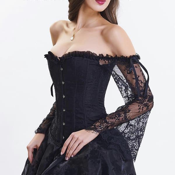 Långärmad spetsmidjebandage för formell klänning Viktoriansk korsett, fransk stil, överbyst-bustier för temaevenemang Svartvit split S Black and white spli S