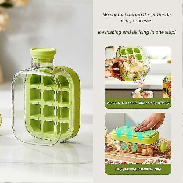 【03】2-in-1 Ice Cube Tray Water Bottle with Straw, Touchless Easy Release Freezer Storage Bottle, Ice Mold Water Bottle for Juice Coffee Green Green 800ml