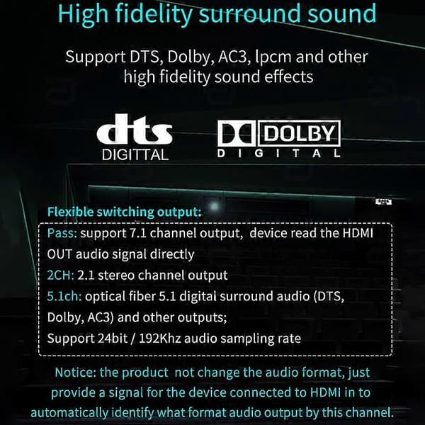【03】HDMI Audio Extractor HDCP CEC + Optisk TOSLINK SPDIF + 3.5mm RCA Audio Converter 4K x 2K 3D HDMI Au