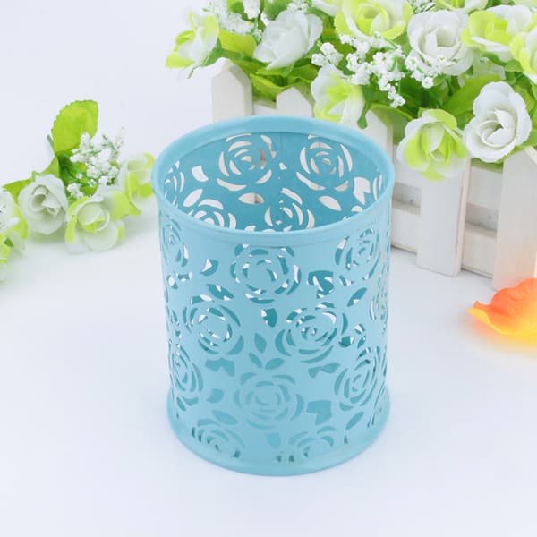 Kontorbord Hul Rose Blomstermønster Pen Blyant Pot Holder Container Organizer (Blå)