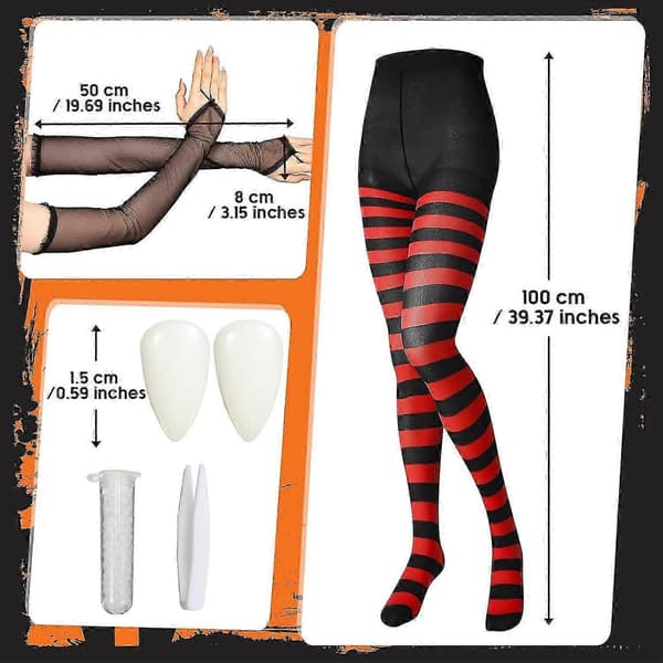 Halloween vampyrkostume til kvinder sort og rød leggings sort kjole vampyrhugtænder handske til cosplayfest Medium