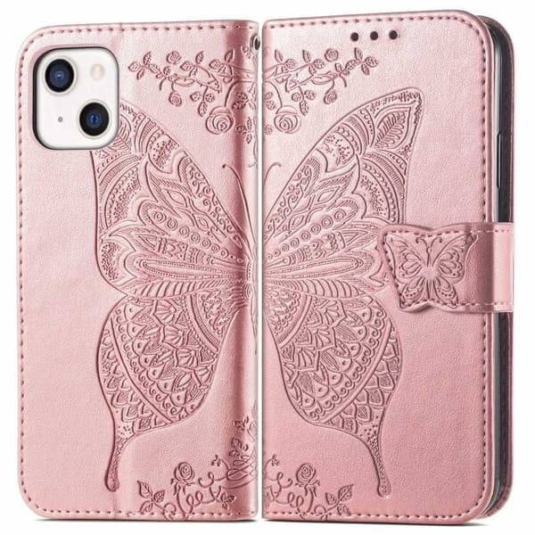【03】iPhone 13 Pung Etui PU Læder 4-rums Sommerfuglemotiv Rosenguld