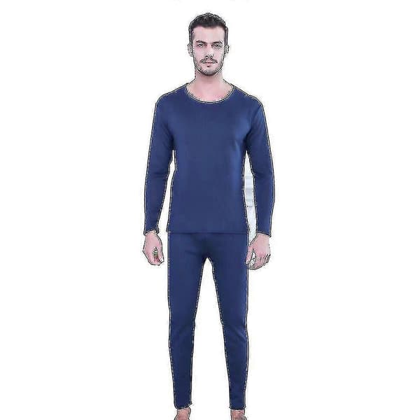 Herre Dame Termoundertøj Sæt, Blød Rund Hals Plus Fløjl Termoundertøj Efterårsundertøj, Vinter Varmt Baselayer Top Bund 2*L Navy Blue