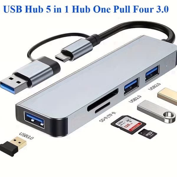 5-i-1 USB C-hub med USB-C Power Delivery (PD), multiportadapter kompatibel med smartphones, tablets, laptops
