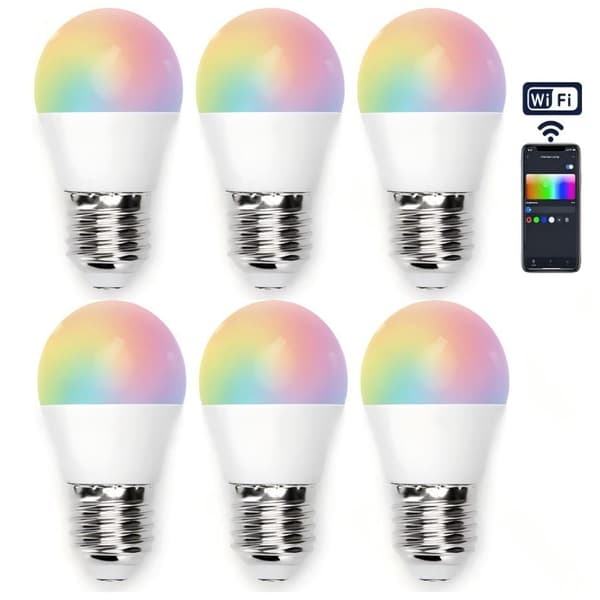 Sæt med 6 Smart Pærer G45 WiFi E27 5W RGB+CCT, Stemme- og App-kontrol