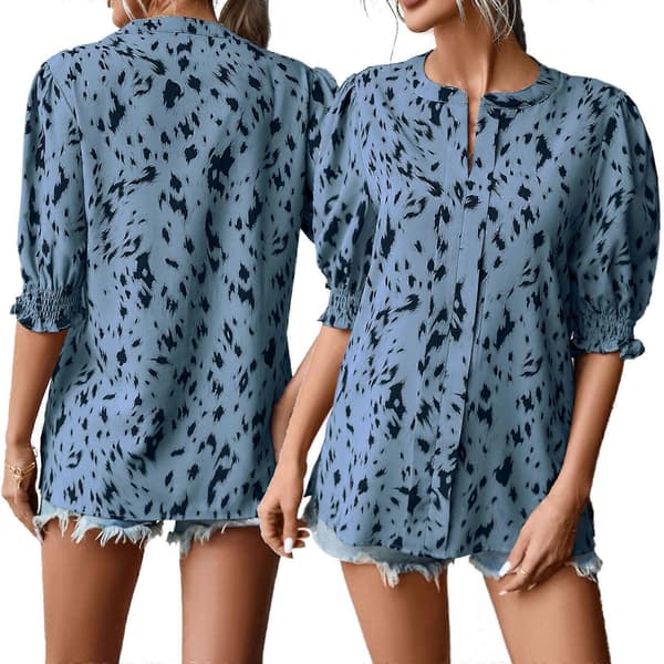 Leopardmønstrede Rundhalsede Bluser Dame Løs Pasform Halværmet Puffærmet Sommertop Blå M Blue M