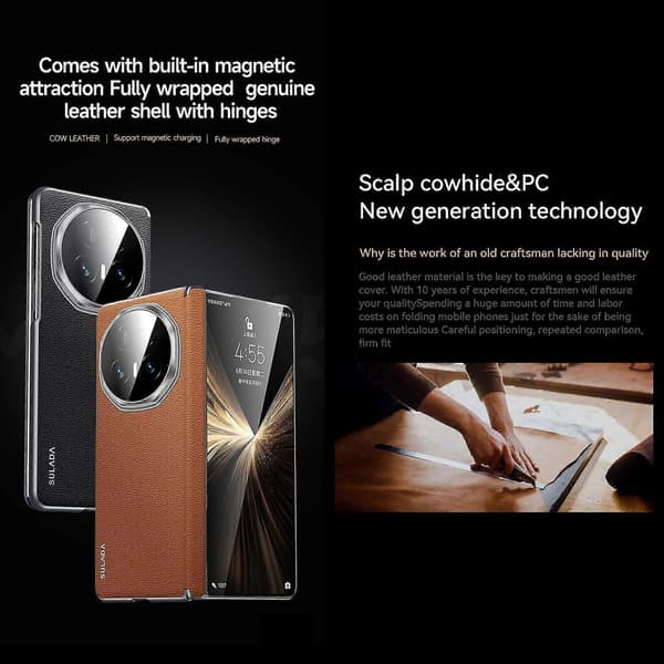 【03】SULADA Frameless Top Layer Cowhide Leather PC Phone Case Compatible with Honor Magic V5-Perfect Brown